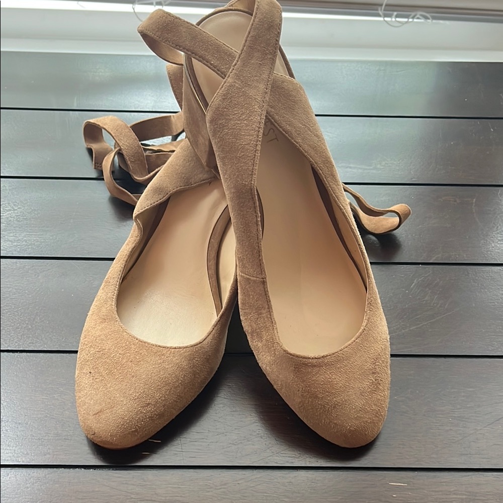 Nine West Tan Nude Suede Women's calf wrap block heels